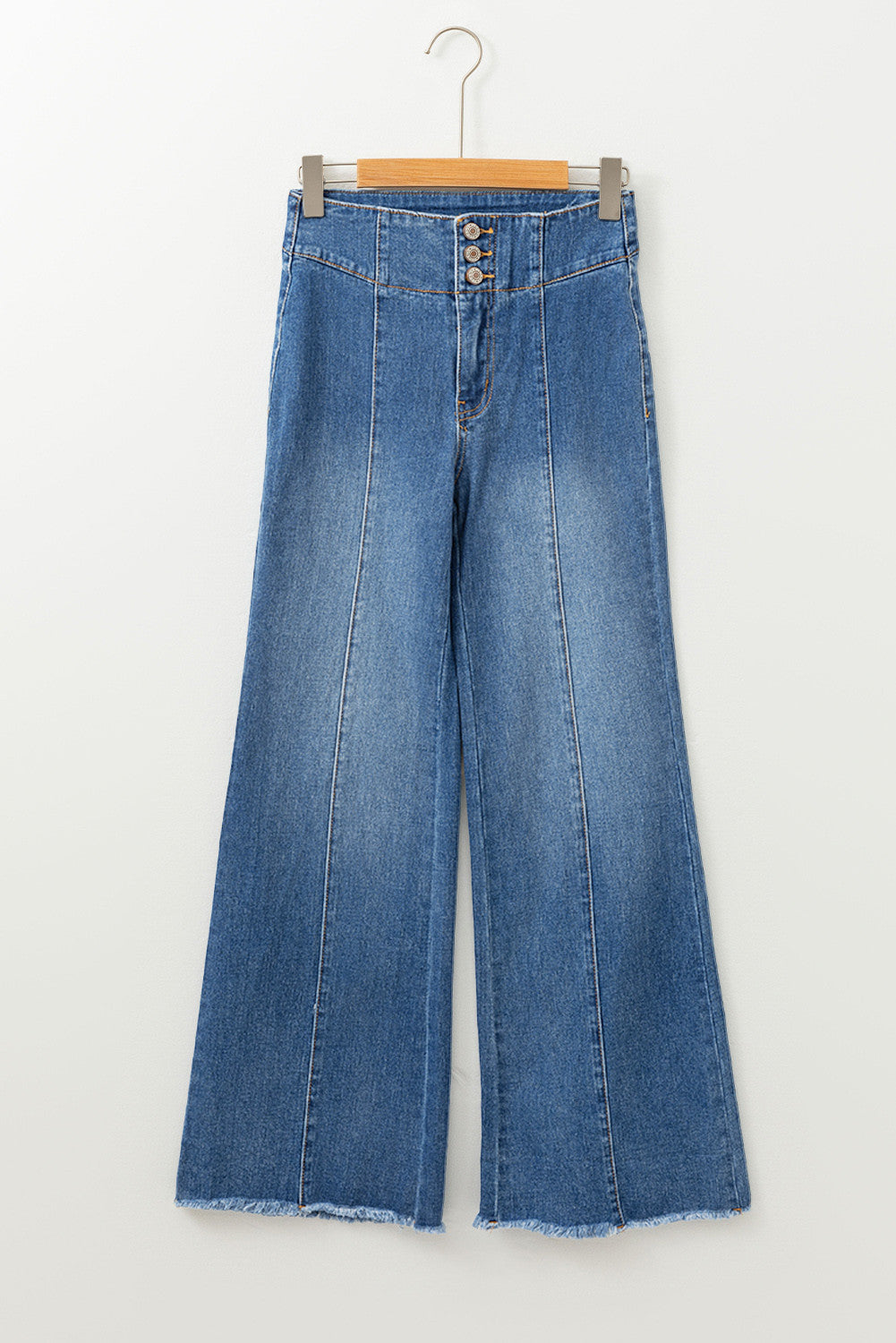 Blue High Waist Button Fly Seamed Raw Hem Flare Jeans