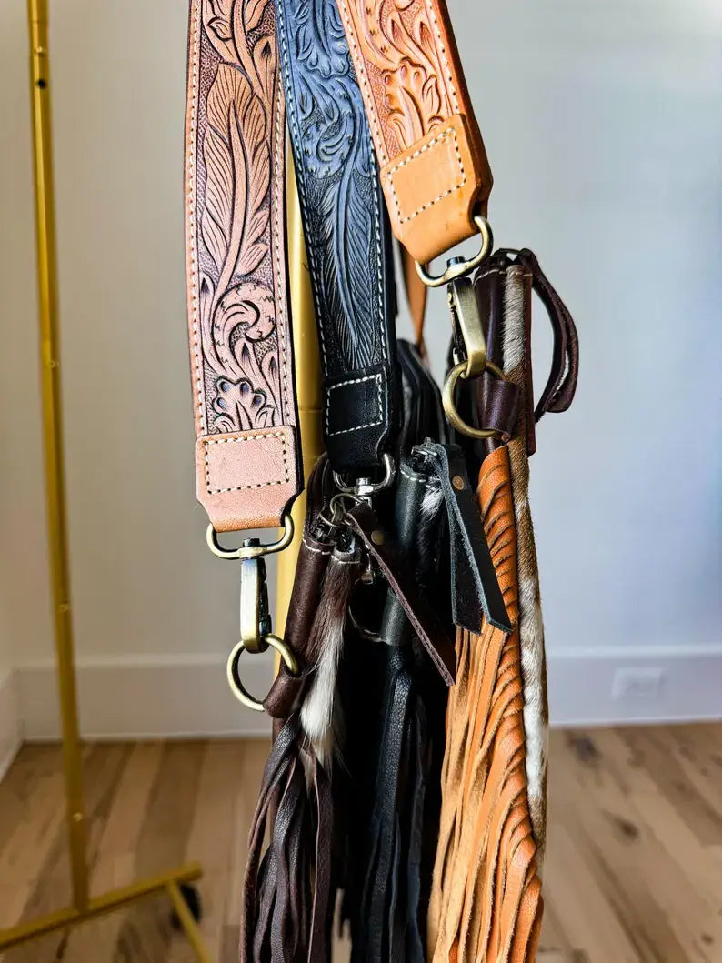 DIXIE CROSSBODY cowhide Western Tooled Leather fringe purse: TAN + WHITE COWHIDE