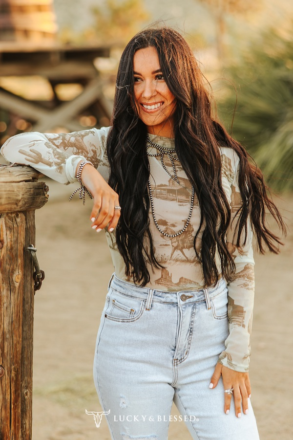 Beige Cowboy Horse Desert Printed Mesh Long Sleeve