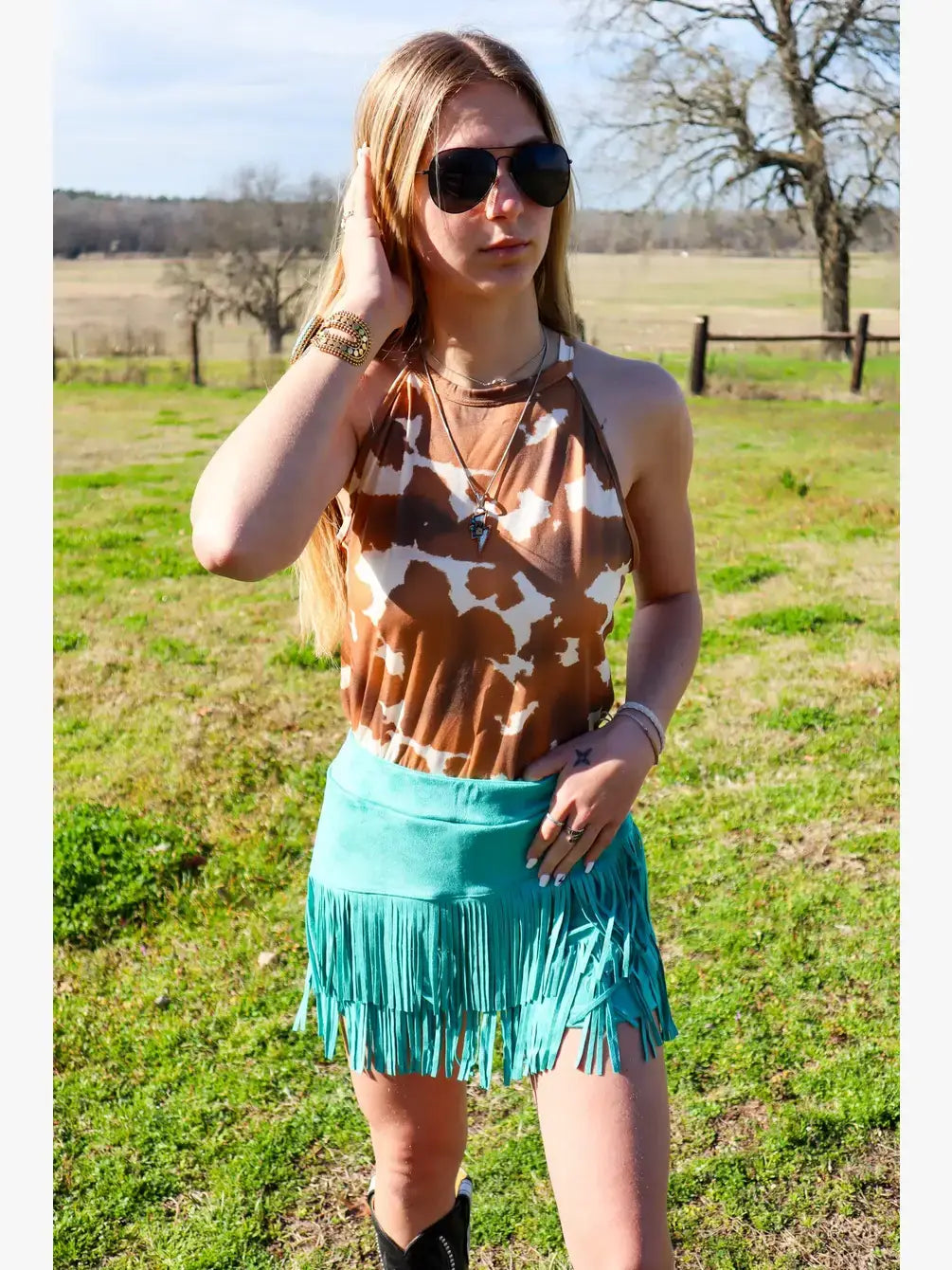Holy Cow Vegan Suede Fringe Front Shorts - Turquoise 