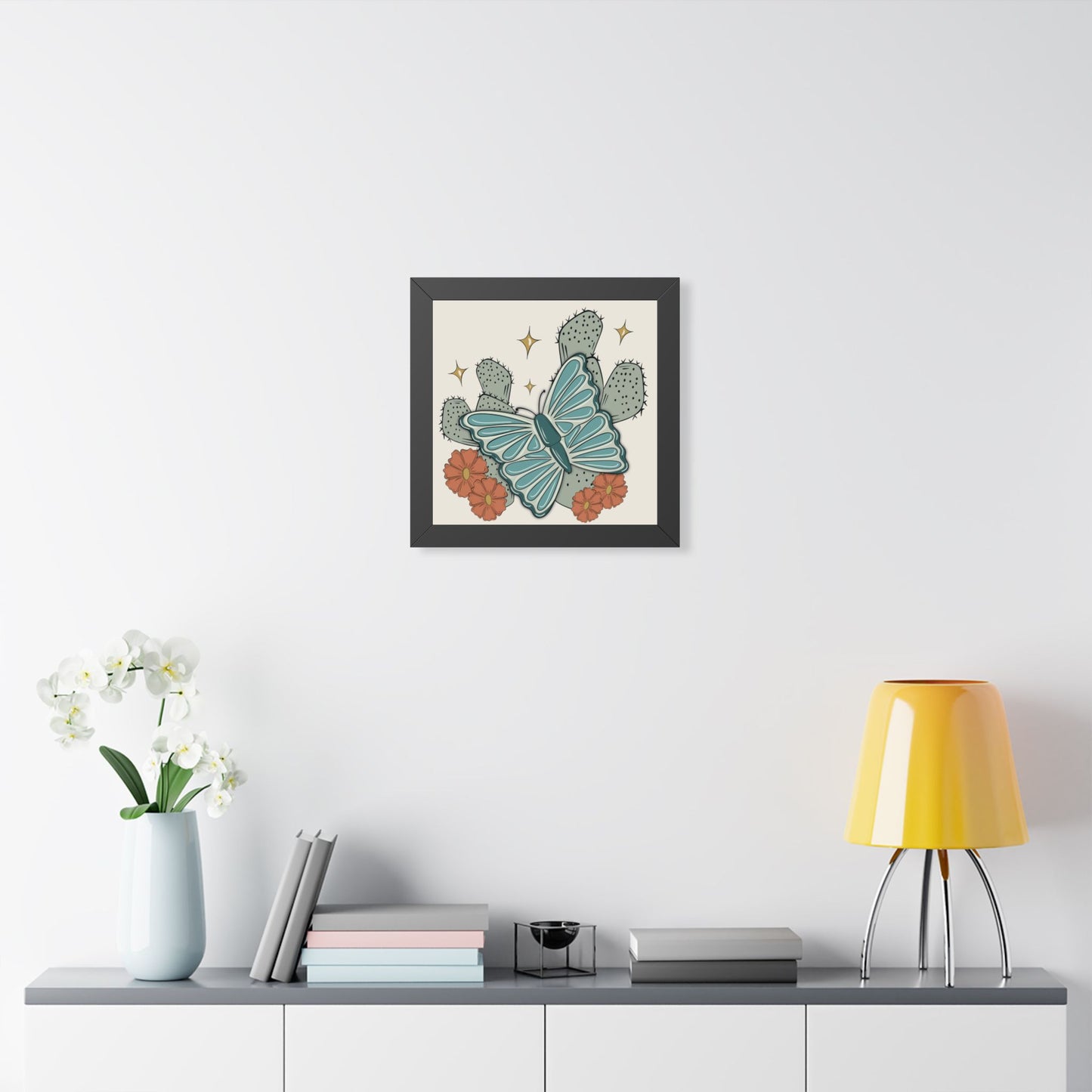 Cactus & Teal Butterfly Framed Poster — Desert Floral Wall Art