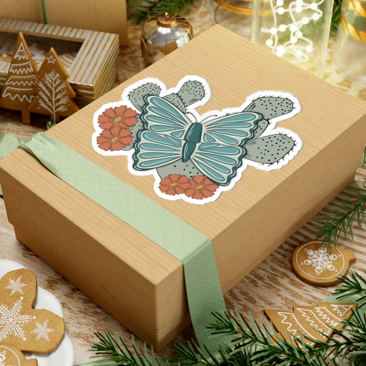 Turquoise Butterfly Western Sticker | Turquoise Butterfly & Cactus Decal