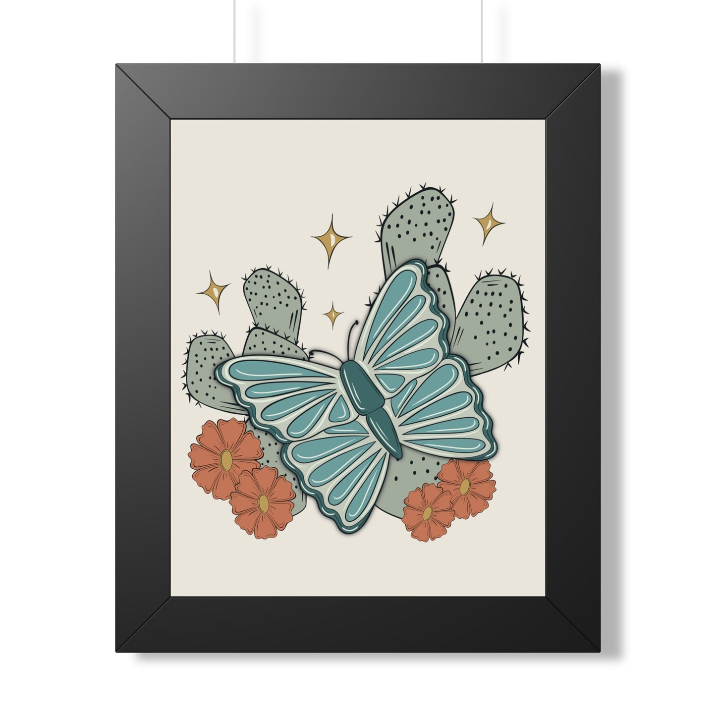 Cactus & Teal Butterfly Framed Poster — Desert Floral Wall Art
