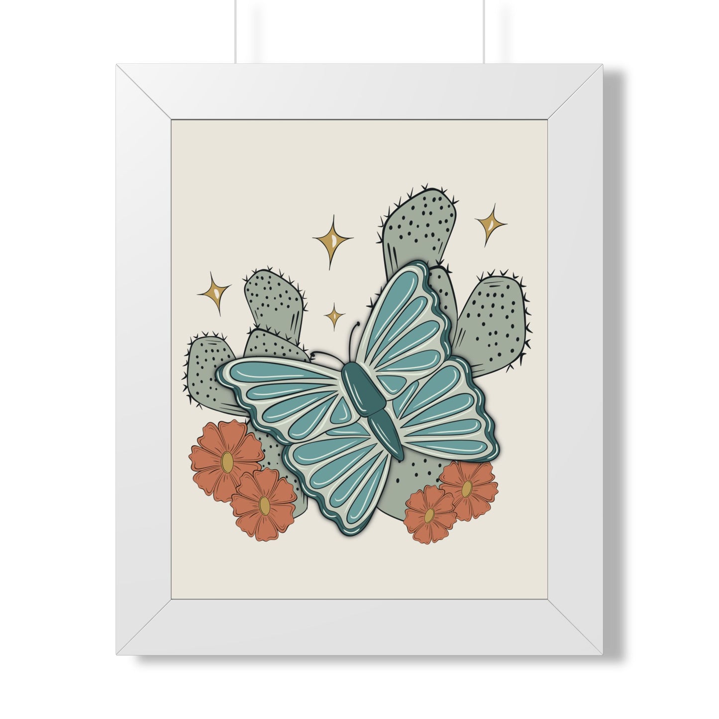 Cactus & Teal Butterfly Framed Poster — Desert Floral Wall Art