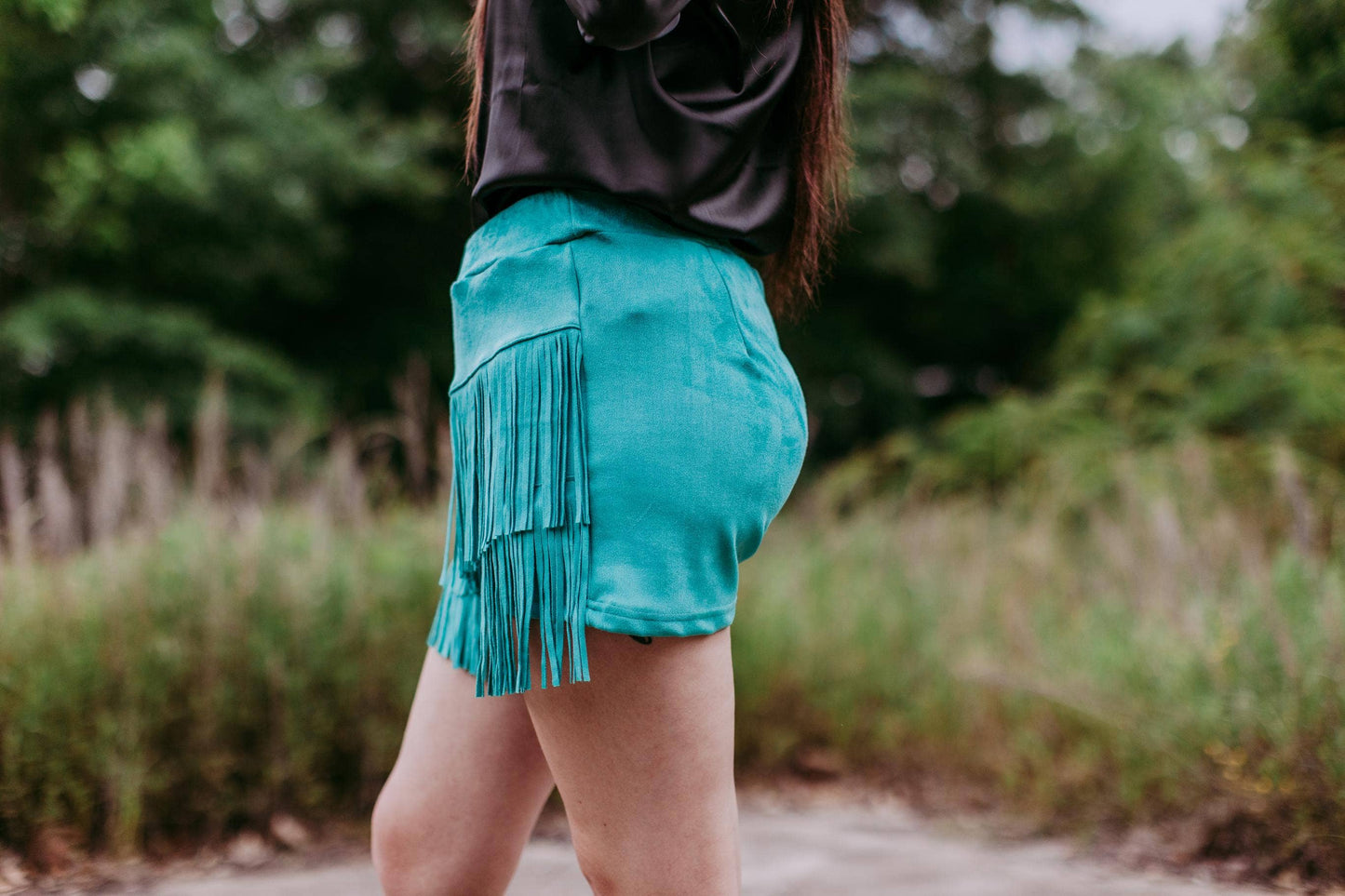 Holy Cow Vegan Suede Fringe Front Shorts - Turquoise 