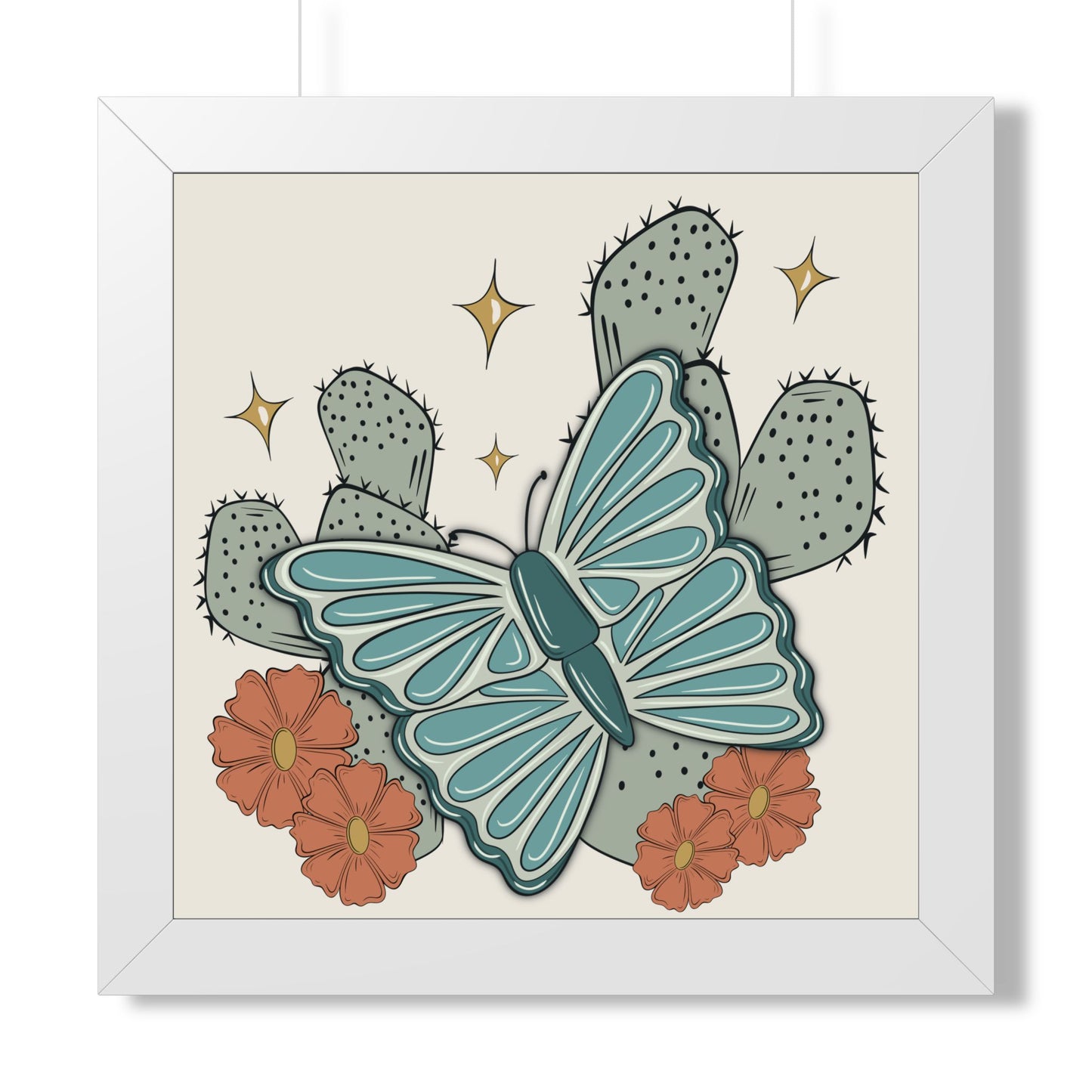 Cactus & Teal Butterfly Framed Poster — Desert Floral Wall Art