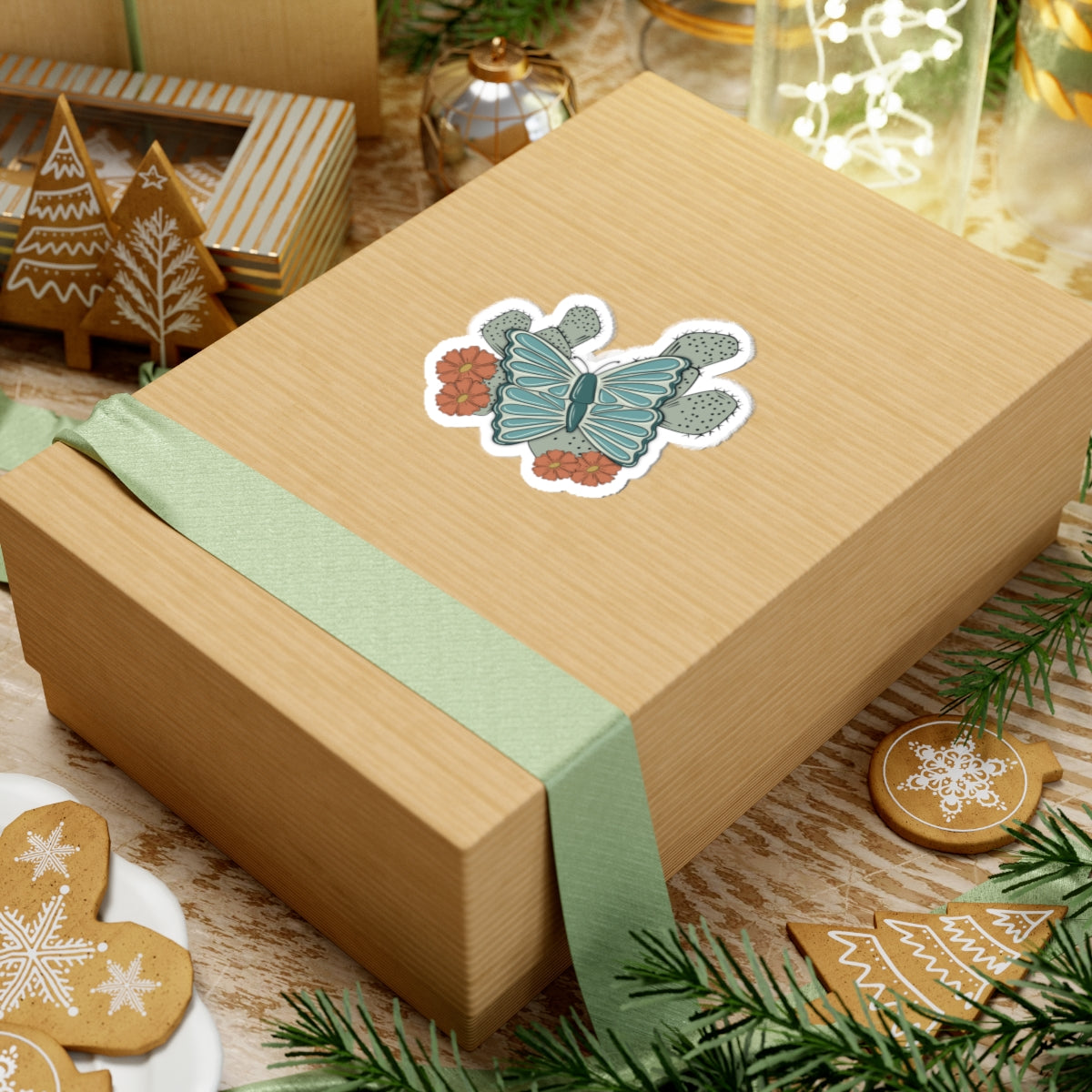 Turquoise Butterfly Western Sticker | Turquoise Butterfly & Cactus Decal