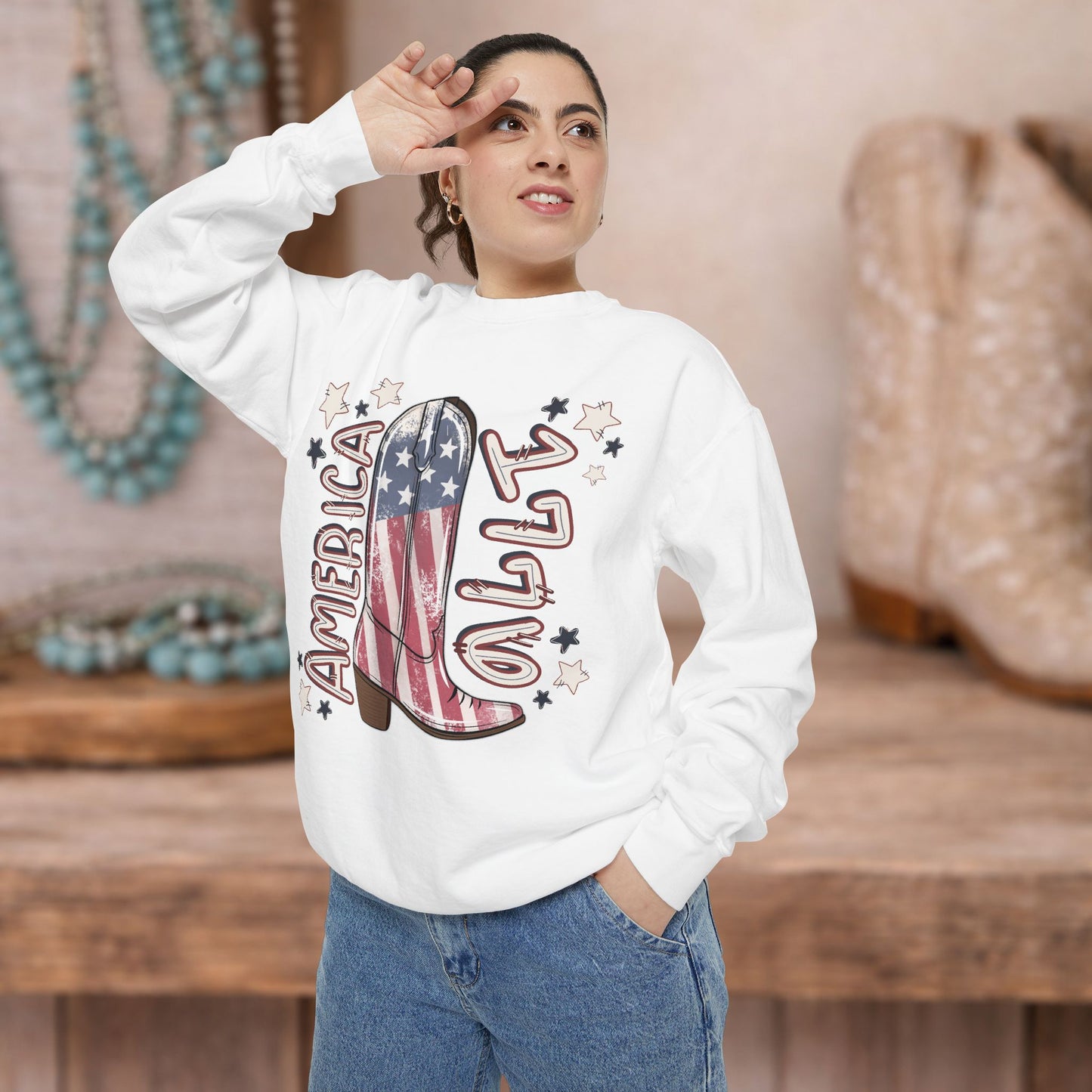 Red White & Boots Sweatshirt | Western Cowgirl Crewneck