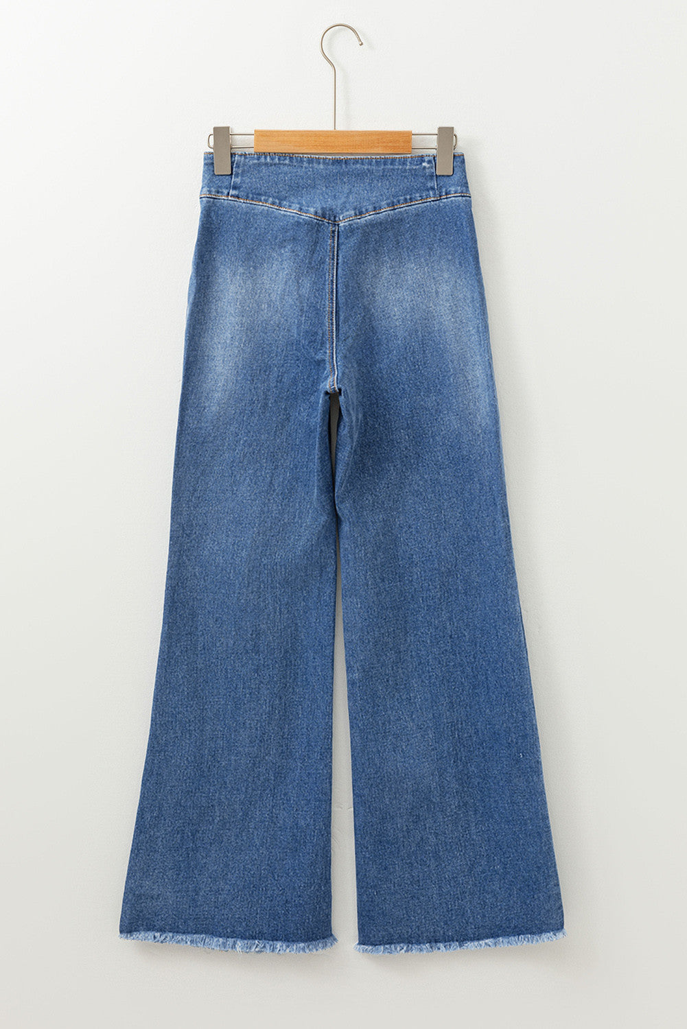 Blue High Waist Button Fly Seamed Raw Hem Flare Jeans