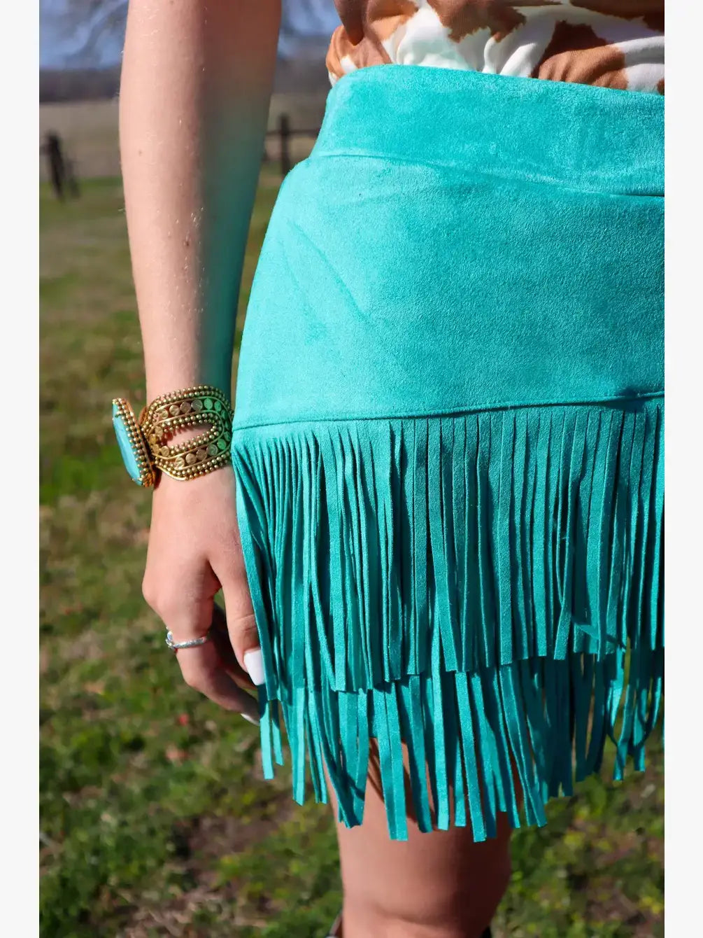 Holy Cow Vegan Suede Fringe Front Shorts - Turquoise 