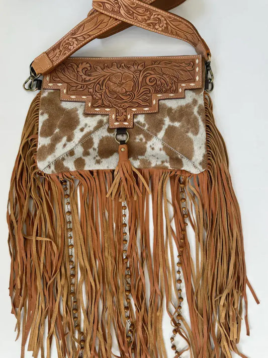 DIXIE CROSSBODY cowhide Western Tooled Leather fringe purse: TAN + WHITE COWHIDE