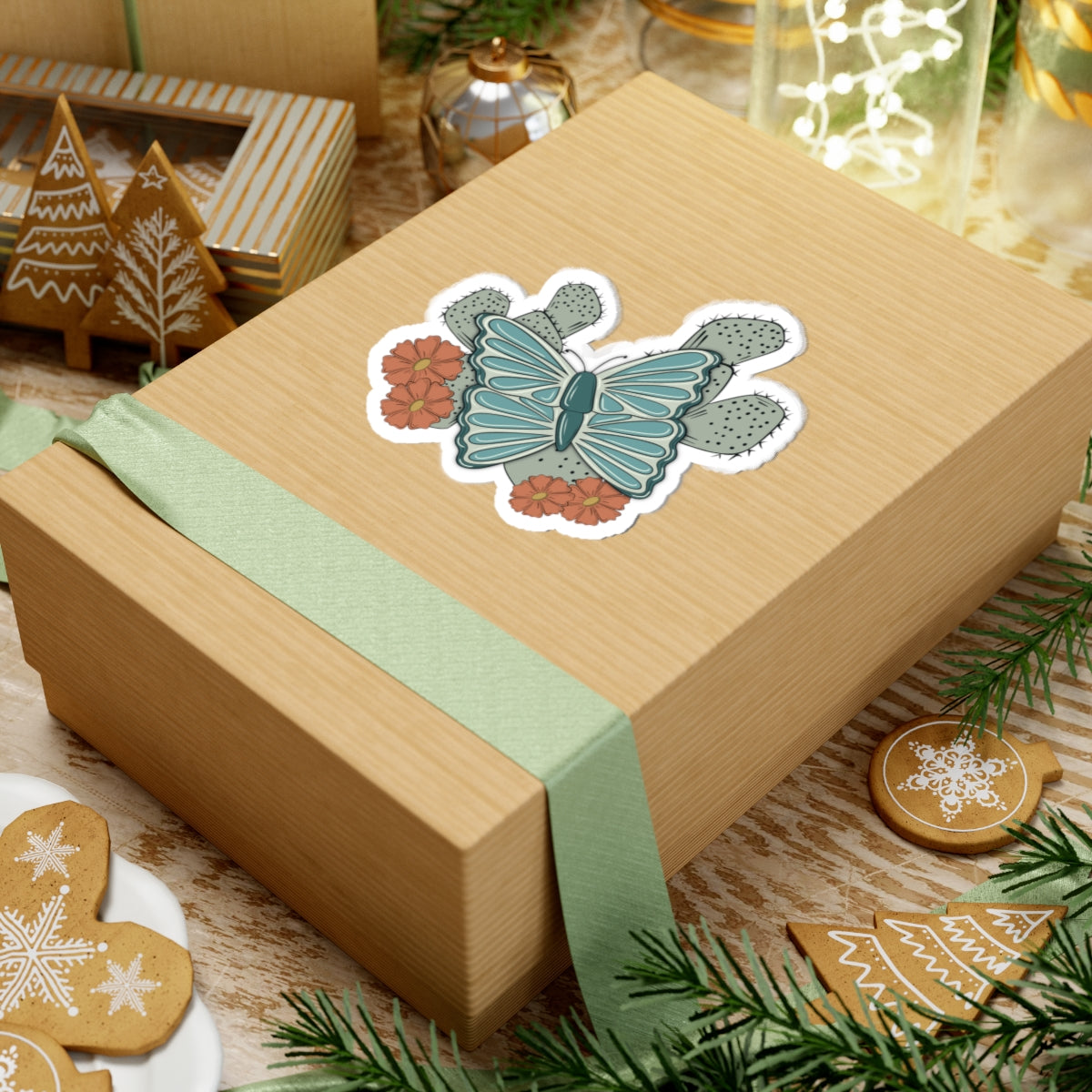 Turquoise Butterfly Western Sticker | Turquoise Butterfly & Cactus Decal