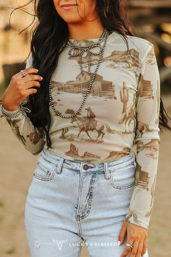 Beige Cowboy Horse Desert Printed Mesh Long Sleeve
