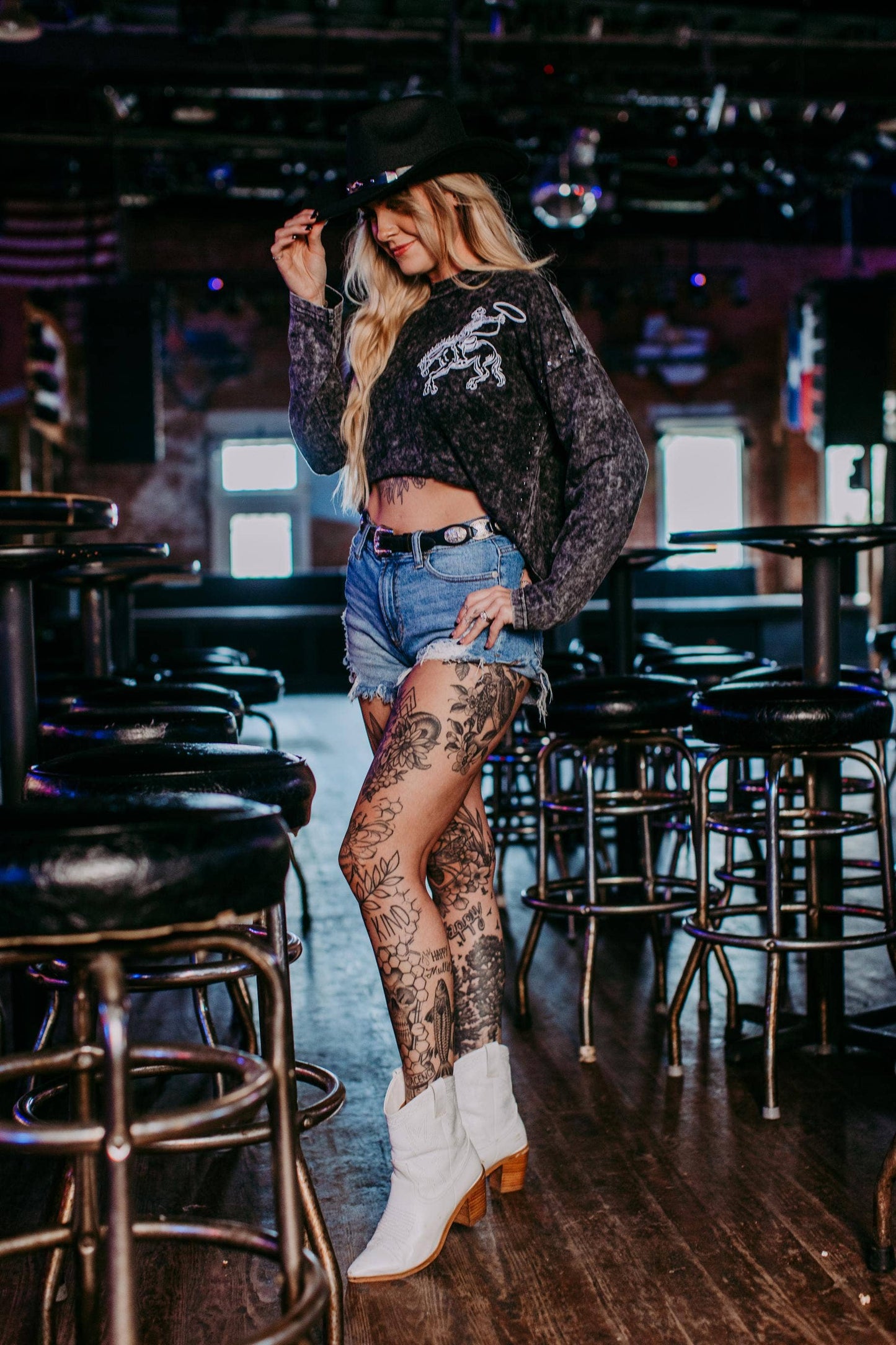 Acid washed Embroidery Studded LS Crop Sweatshirt