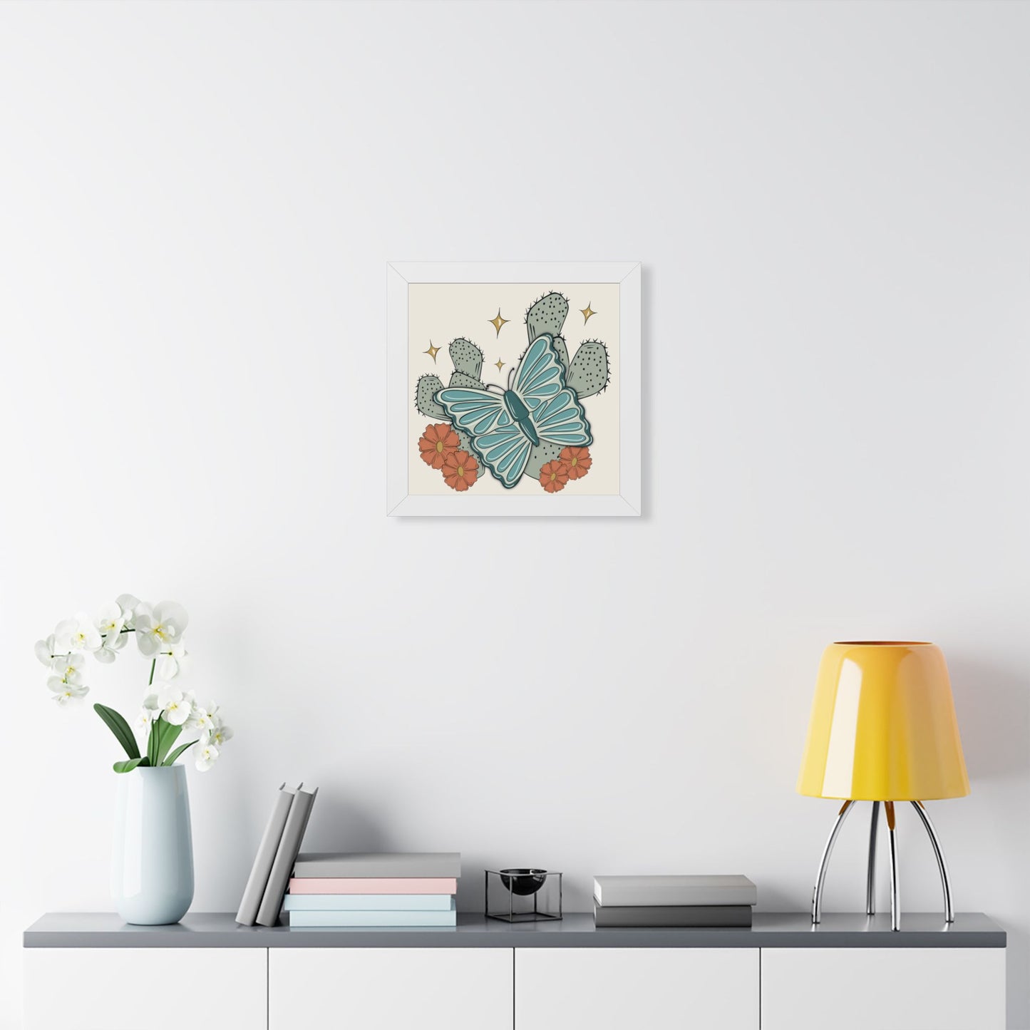 Cactus & Teal Butterfly Framed Poster — Desert Floral Wall Art