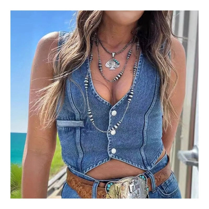 Sleeveless V-Neck Denim Vest in Solid Color