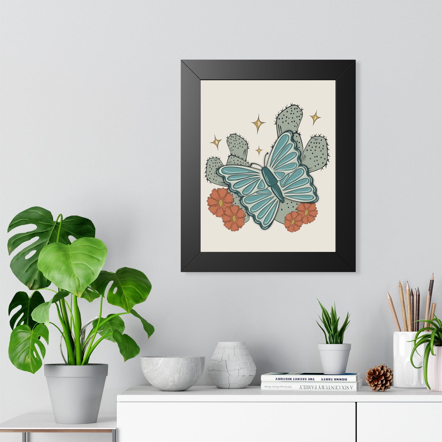 Cactus & Teal Butterfly Framed Poster — Desert Floral Wall Art