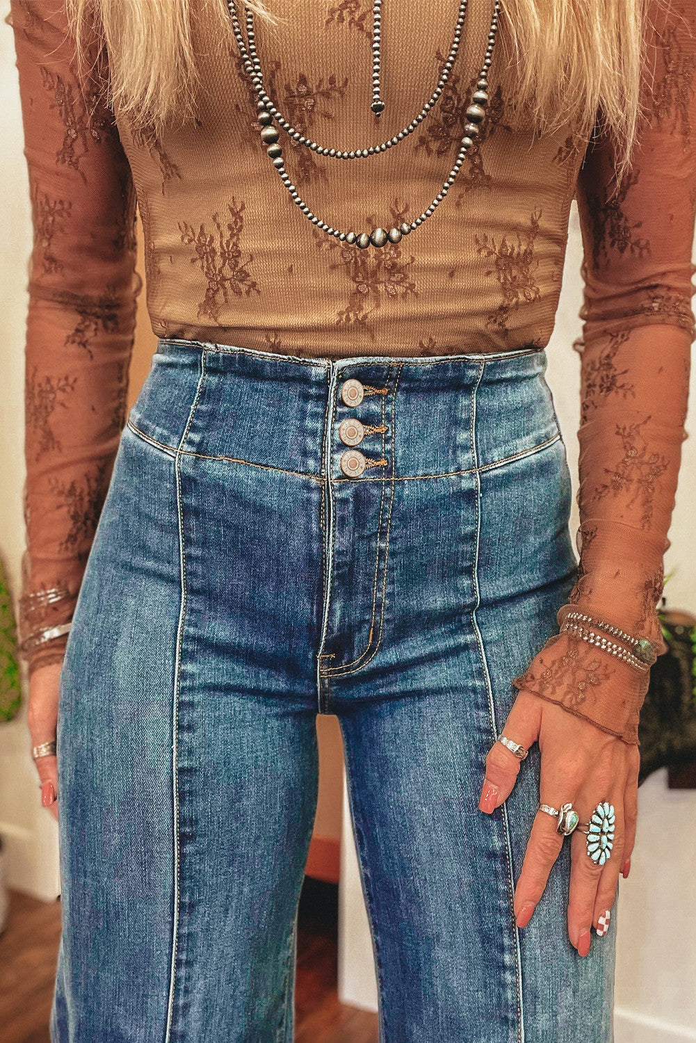 Blue High Waist Button Fly Seamed Raw Hem Flare Jeans