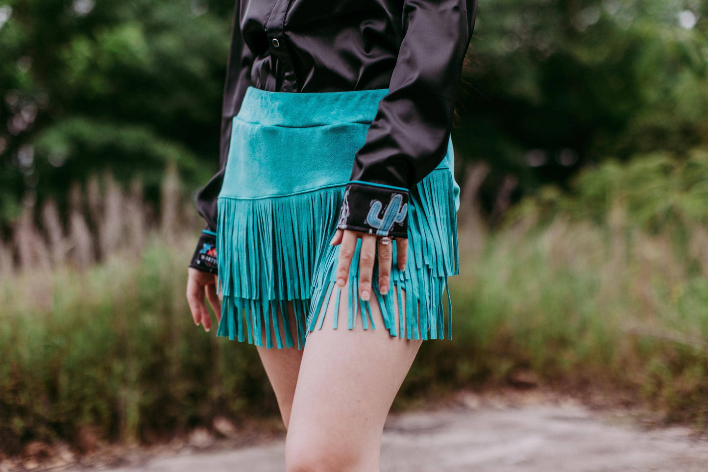 Holy Cow Vegan Suede Fringe Front Shorts - Turquoise 