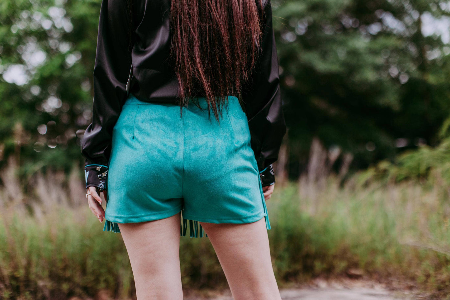 Holy Cow Vegan Suede Fringe Front Shorts - Turquoise 