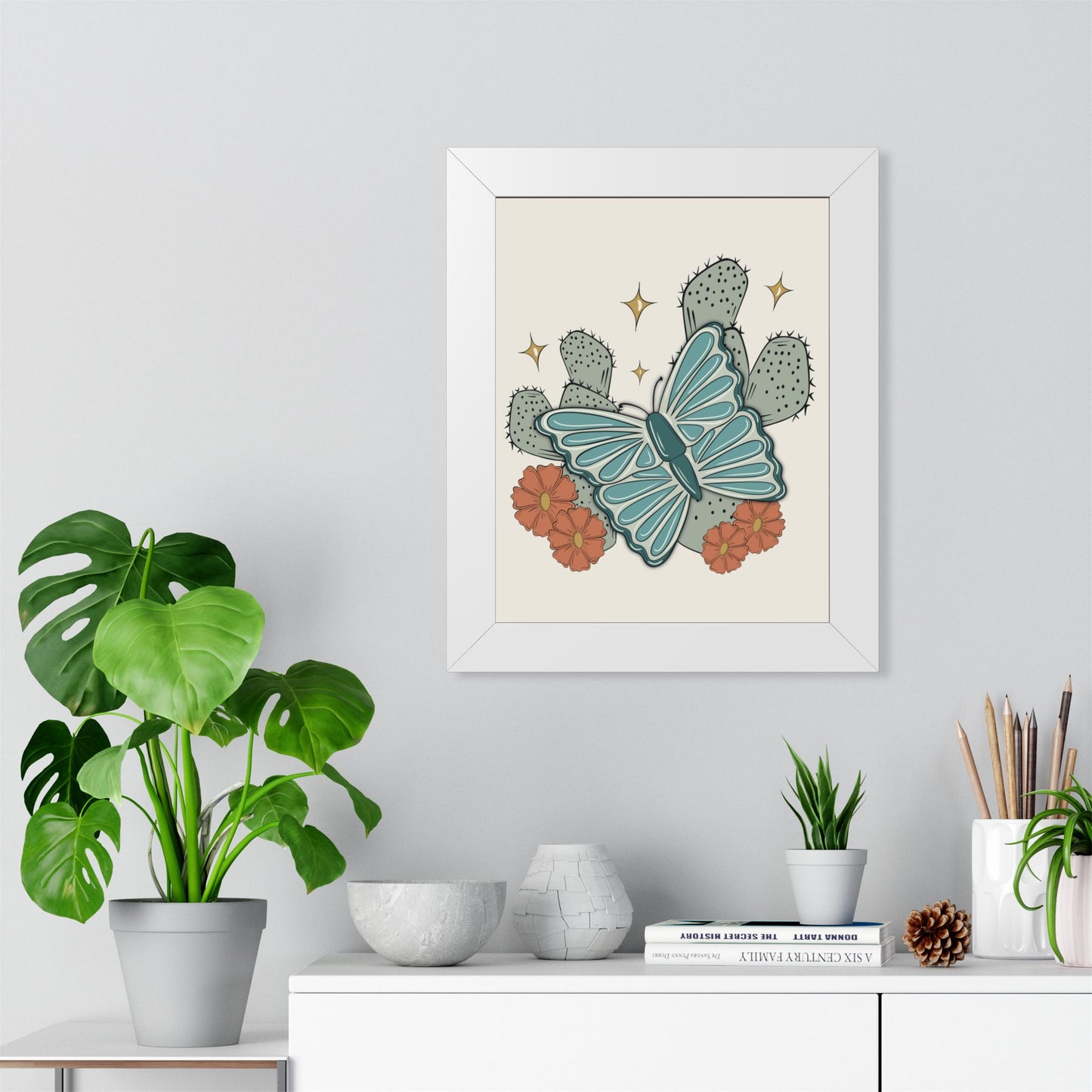 Cactus & Teal Butterfly Framed Poster — Desert Floral Wall Art