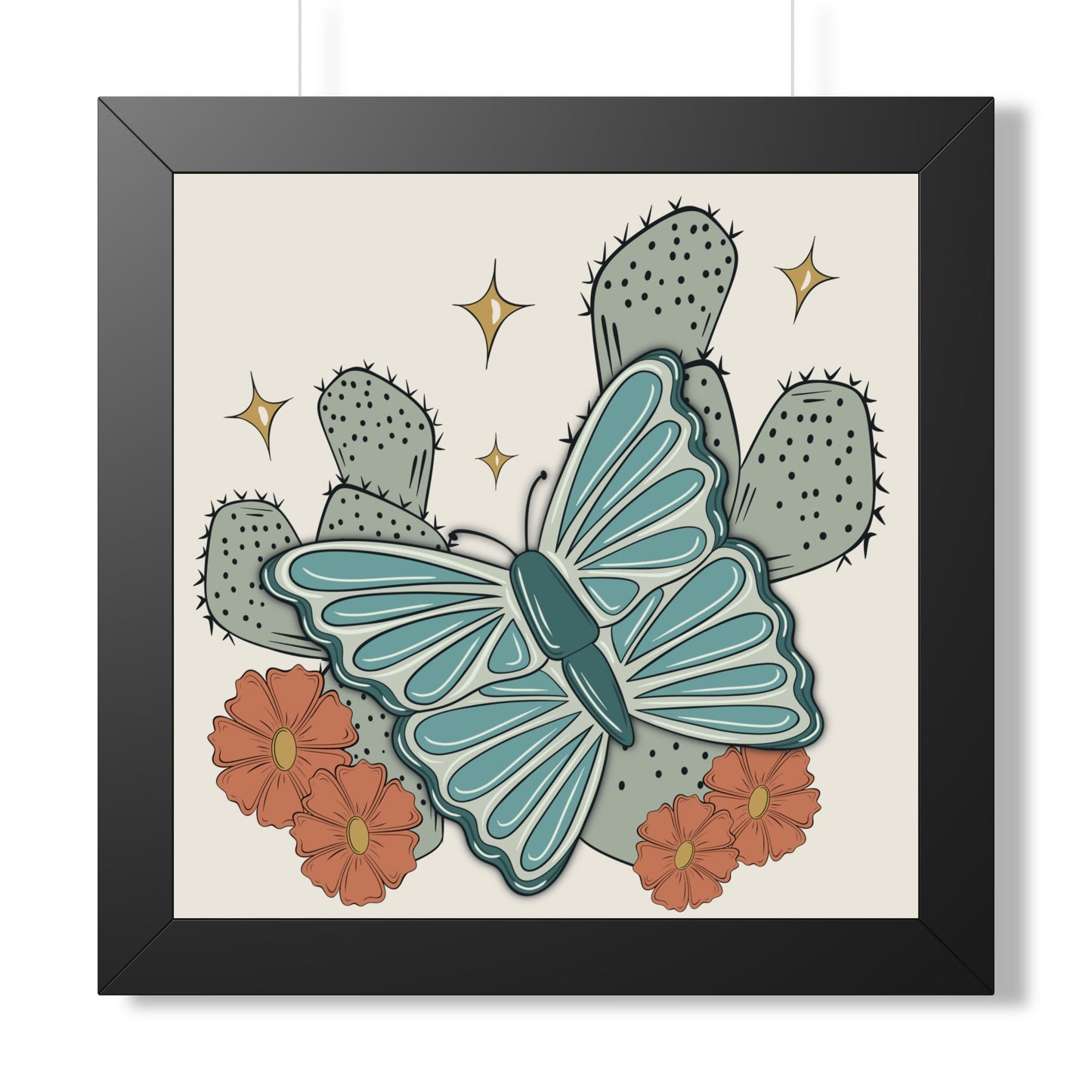 Cactus & Teal Butterfly Framed Poster — Desert Floral Wall Art