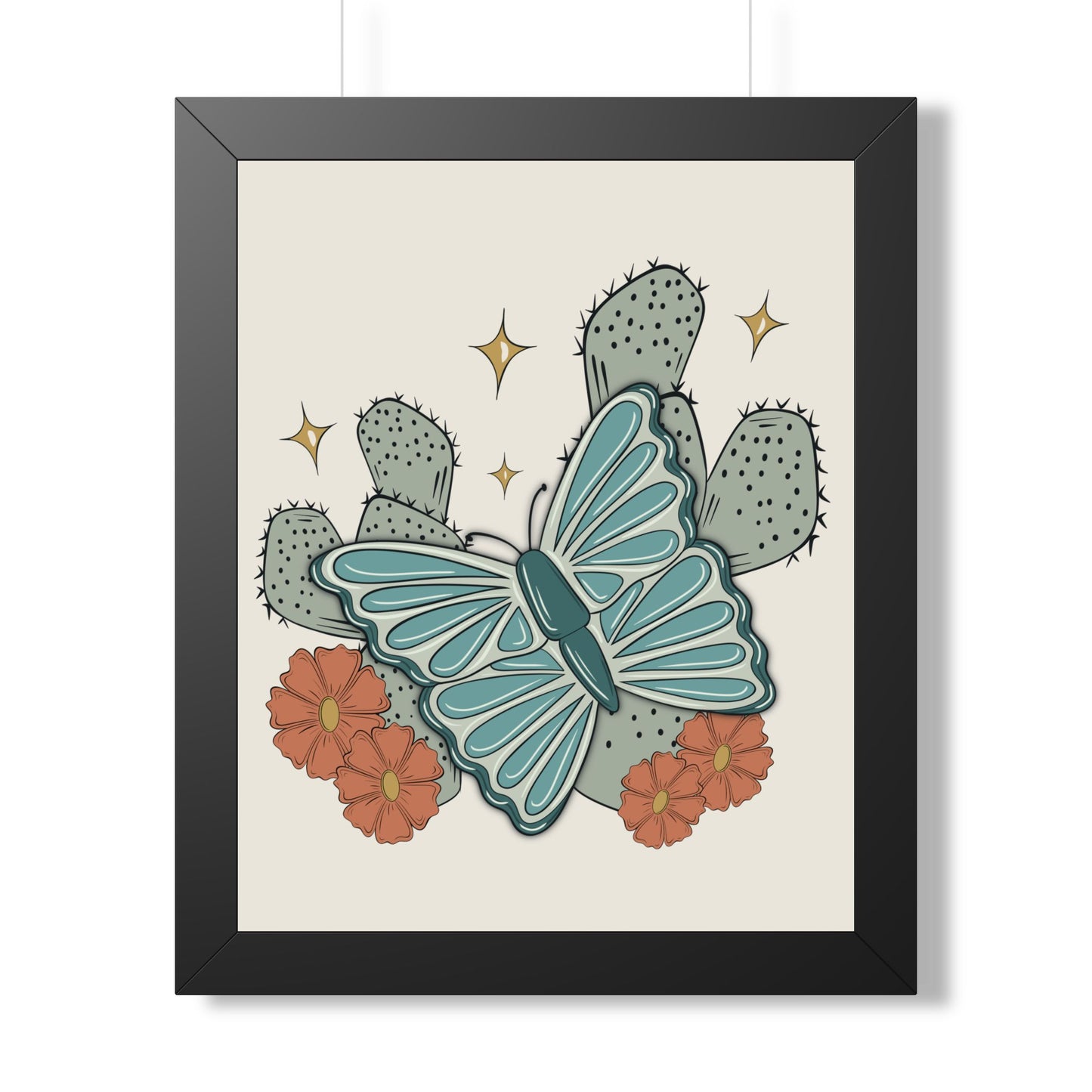 Cactus & Teal Butterfly Framed Poster — Desert Floral Wall Art