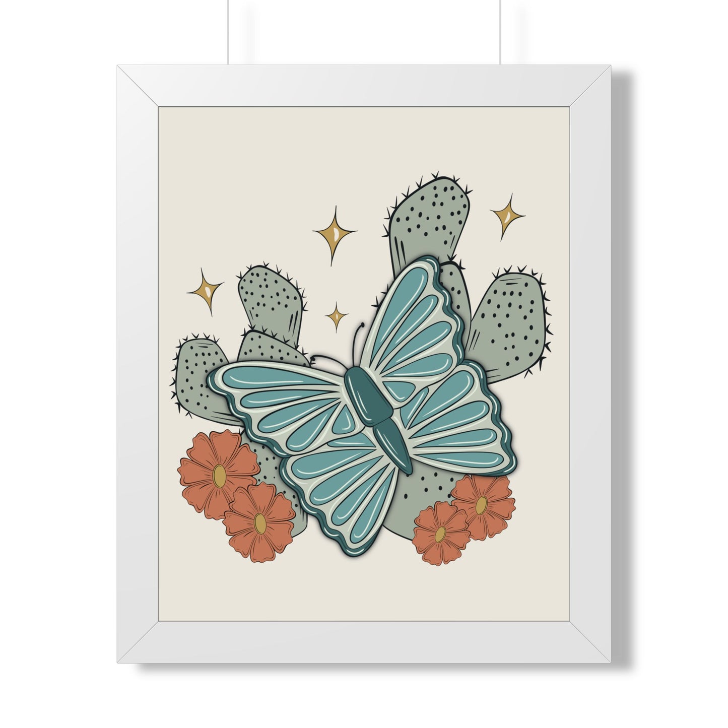 Cactus & Teal Butterfly Framed Poster — Desert Floral Wall Art