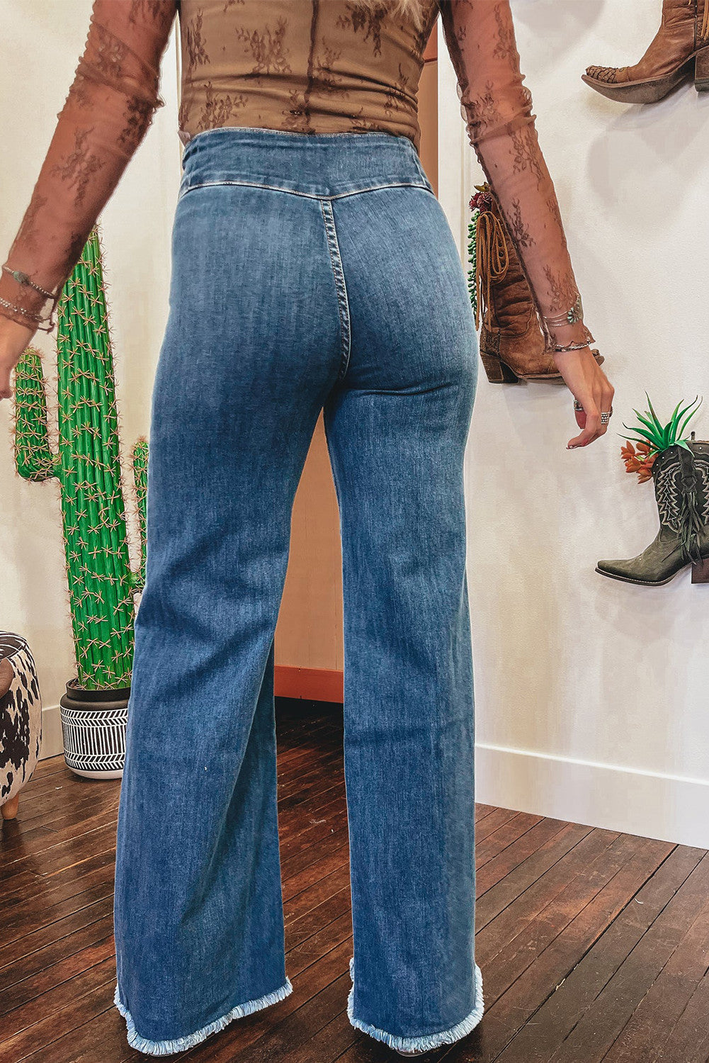 Blue High Waist Button Fly Seamed Raw Hem Flare Jeans