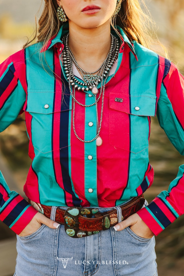 Pink Serape Retro/ 90s Western Pearl Snap Button Down