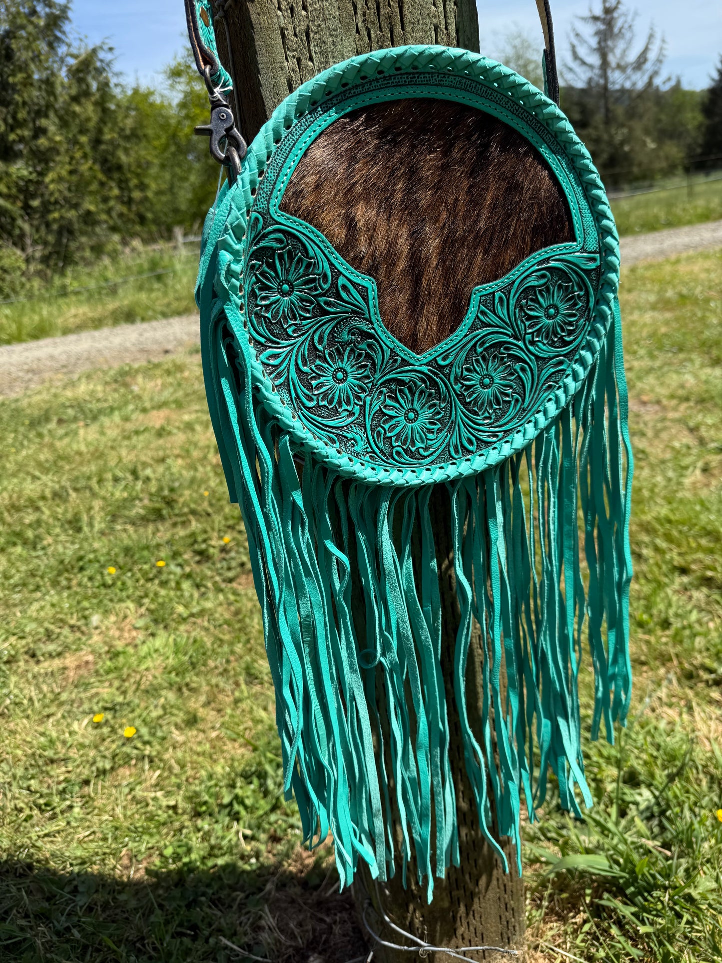 Turquoise Cowhide Canteen Bag  Crossbody