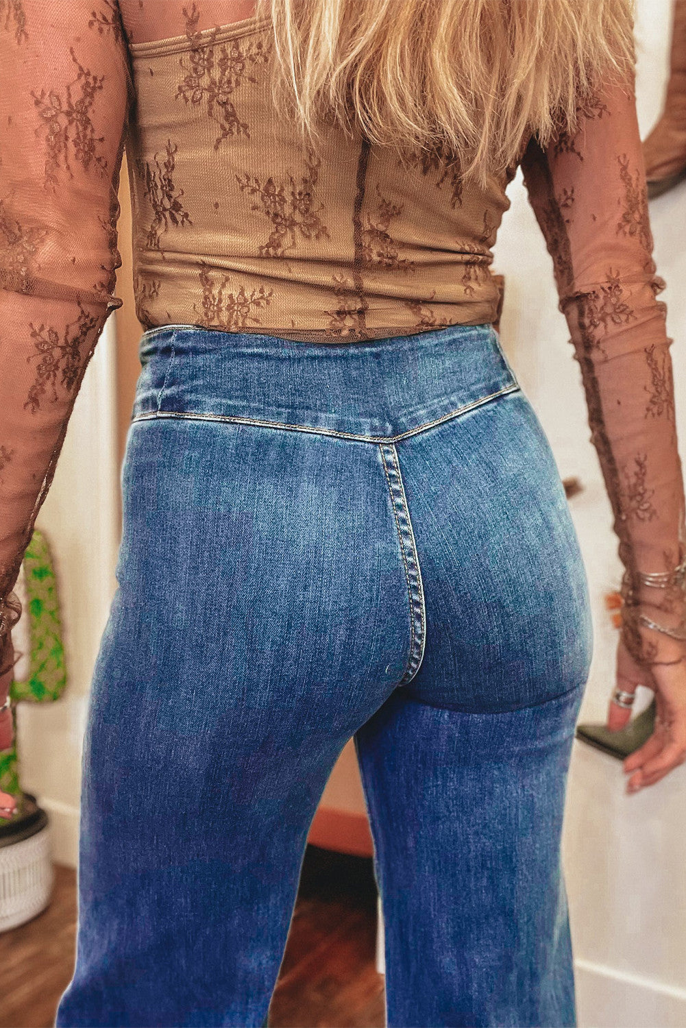 Blue High Waist Button Fly Seamed Raw Hem Flare Jeans