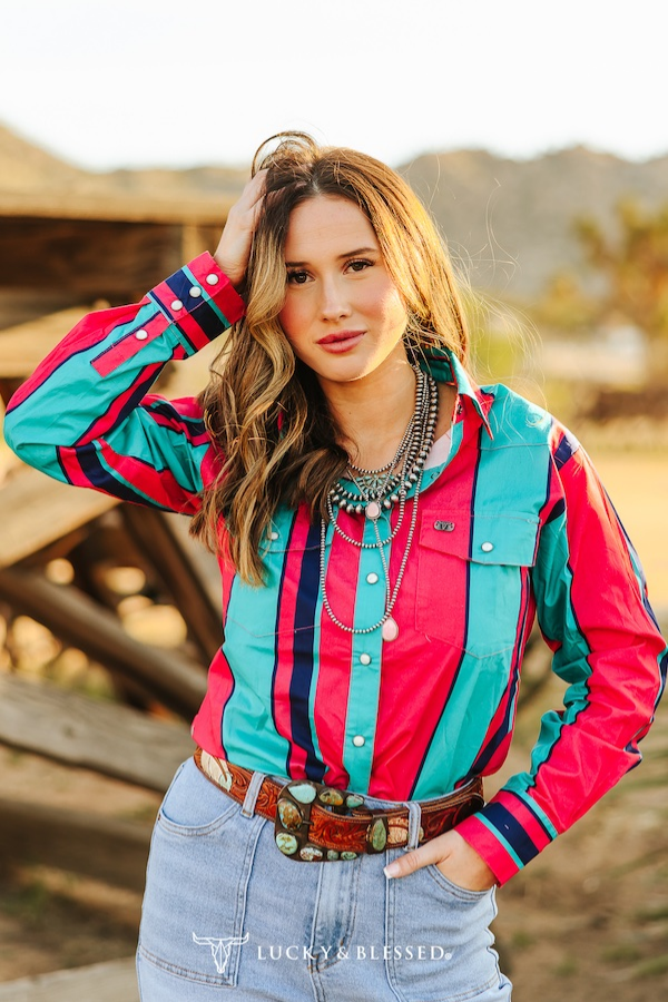 Pink Serape Retro/ 90s Western Pearl Snap Button Down