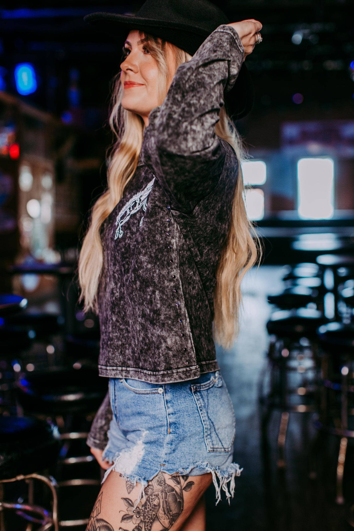 Acid washed Embroidery Studded LS Crop Sweatshirt