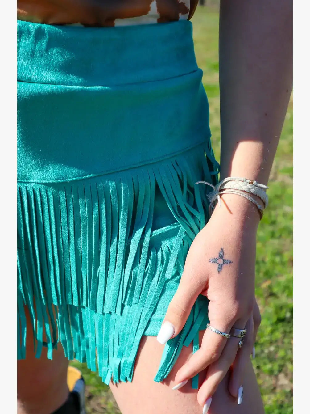 Holy Cow Vegan Suede Fringe Front Shorts - Turquoise 
