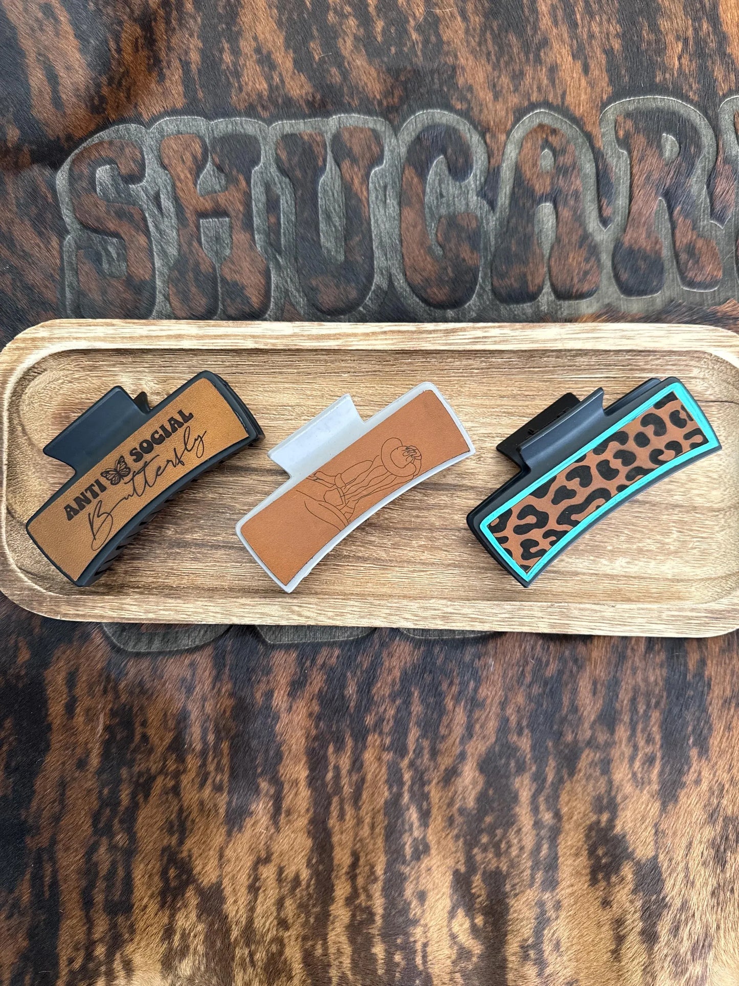 Anti Social, Cheetah or Cowgirl Claw Clip - Laser Engraved