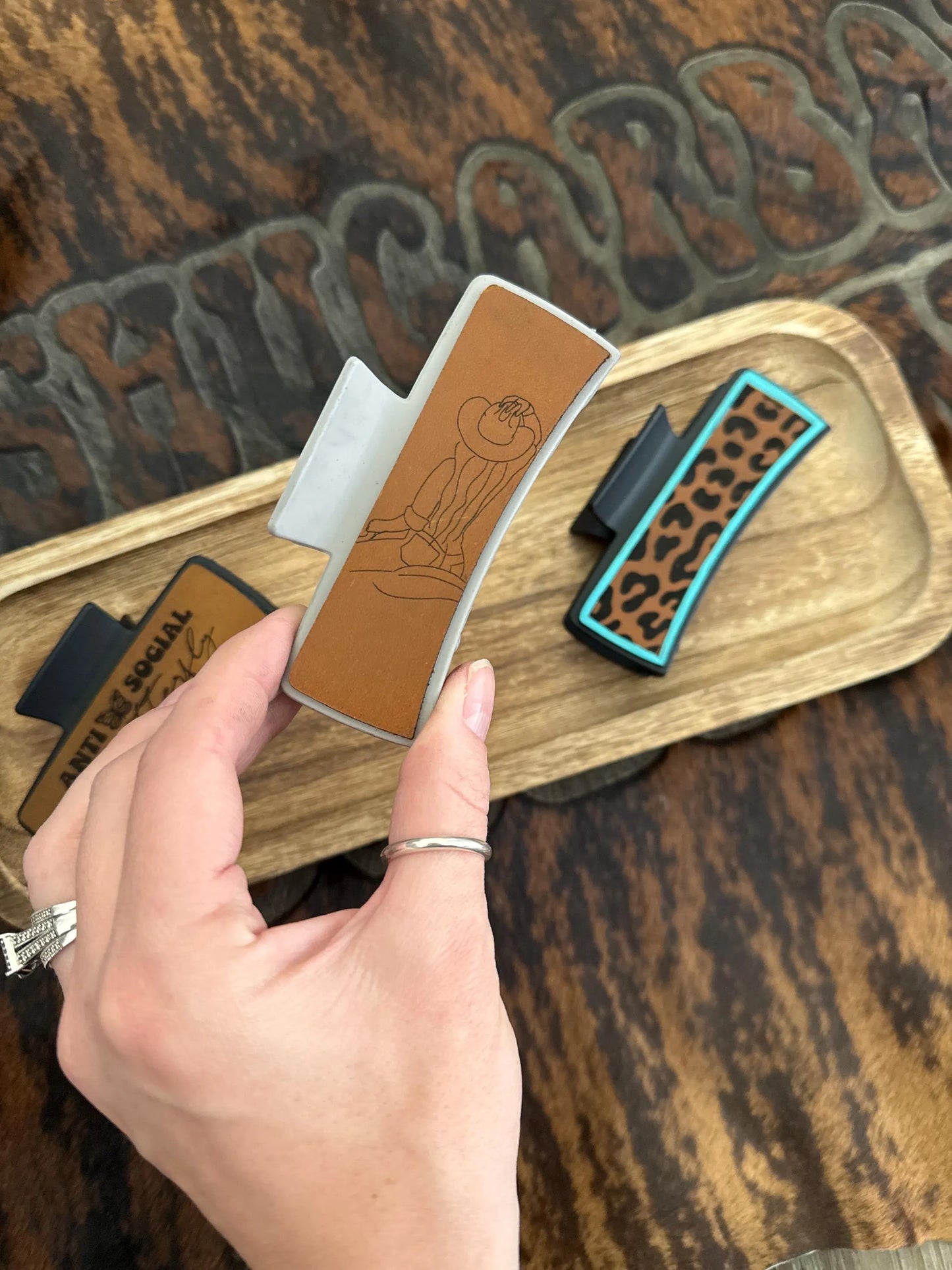 Anti Social, Cheetah or Cowgirl Claw Clip - Laser Engraved