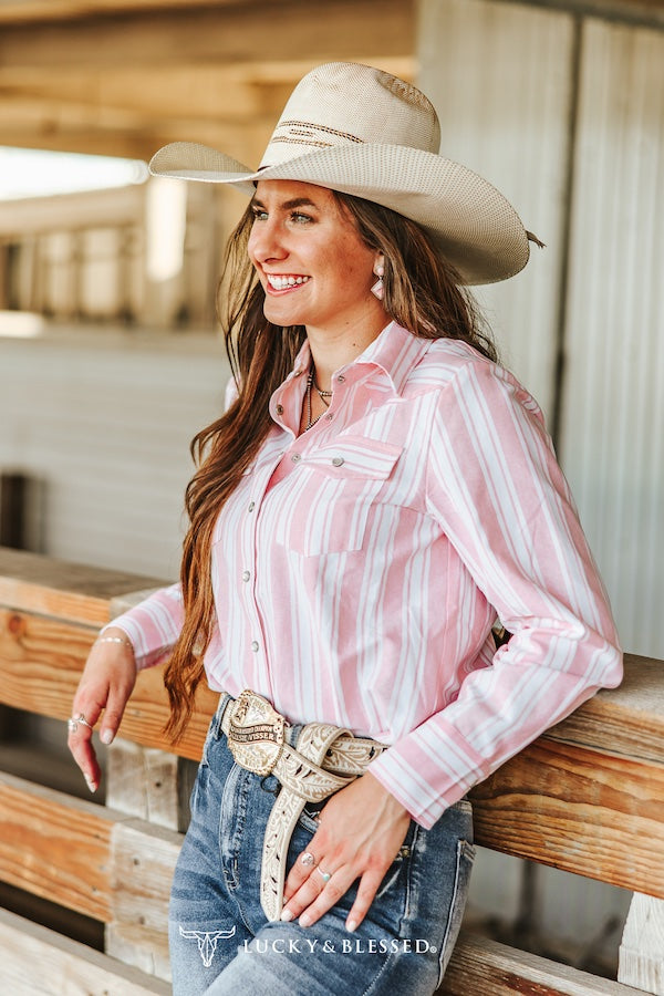 Ivory Pink Striped Western Yoke Pearl Snap Shirt – Cowgirl Classic