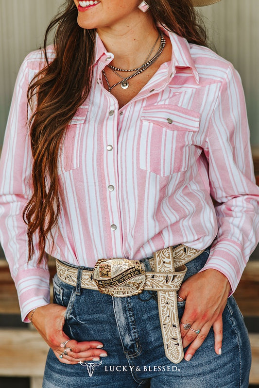 Ivory Pink Striped Western Yoke Pearl Snap Shirt – Cowgirl Classic